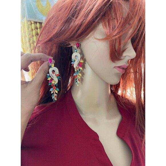 Multicolor earrings large long blue red  yellow pink colorful rhinestone rainbow - Picture 1 of 8